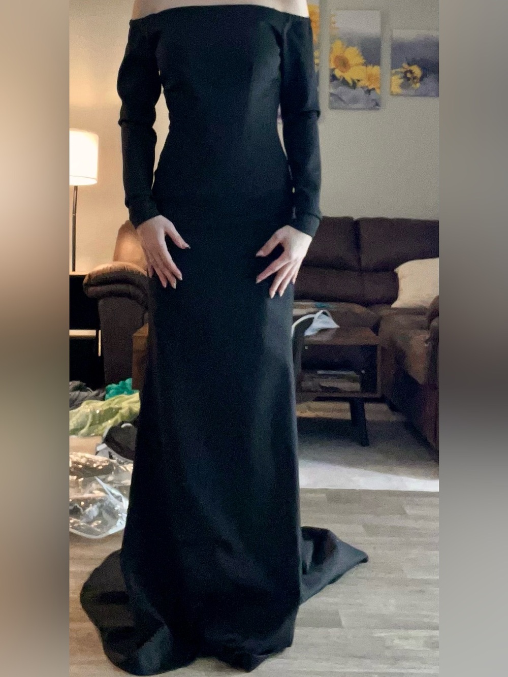 Sherri Hill Black Off-Shoulder Long Sleeve Evening Gown